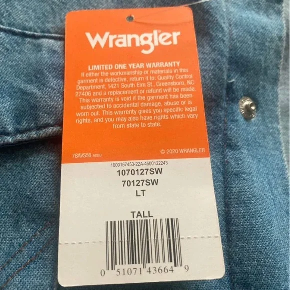 ⭐️NEW WRANGLER COWBOY CUT® LONG SLEEVE WESTERN DENIM SNAP WORK SHIRT- LARGE TALL - Picture 4 of 10